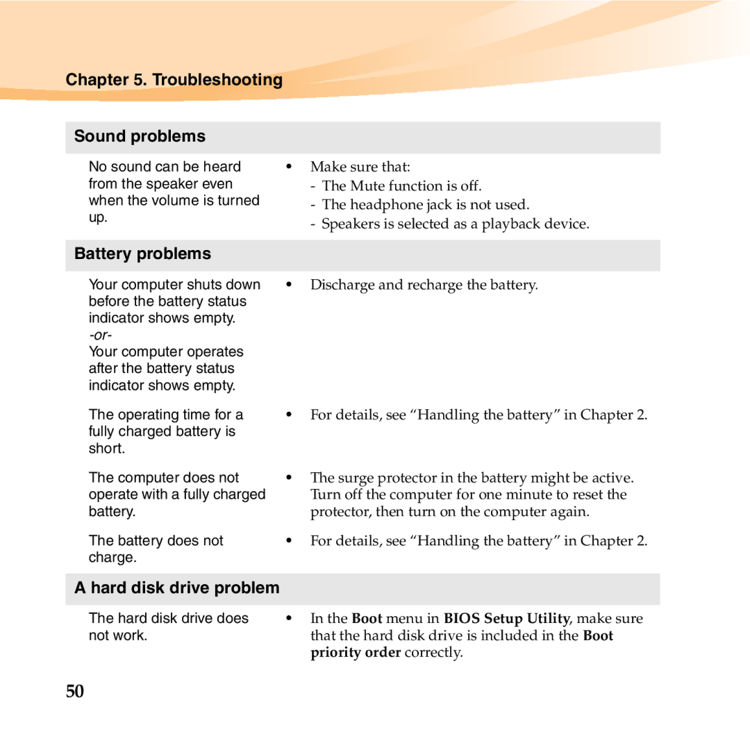 Lenovo S10-2 manual Troubleshooting Sound problems, Battery problems, Hard disk drive problem 