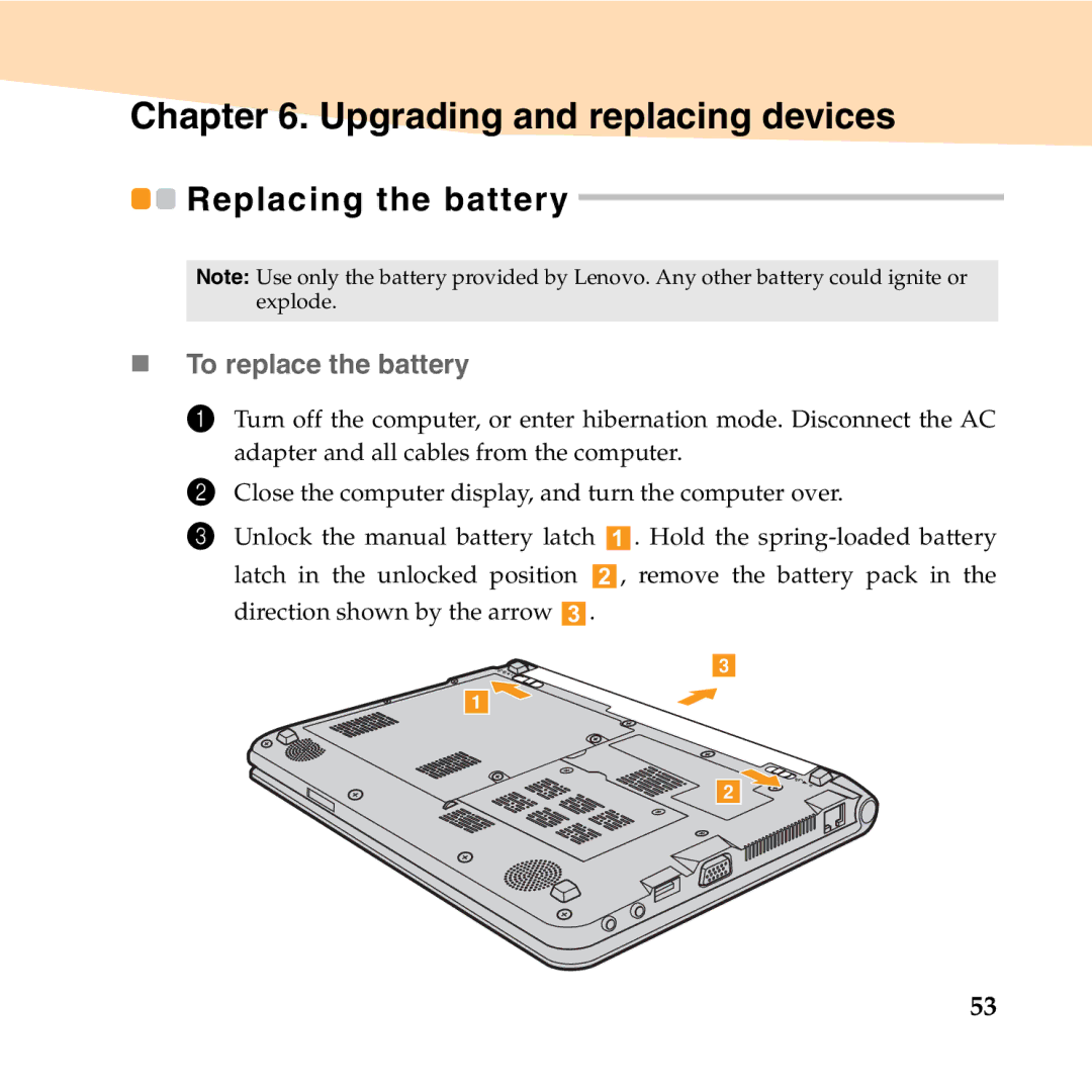 Lenovo S10-2 manual Upgrading and replacing devices, „ To replace the battery 