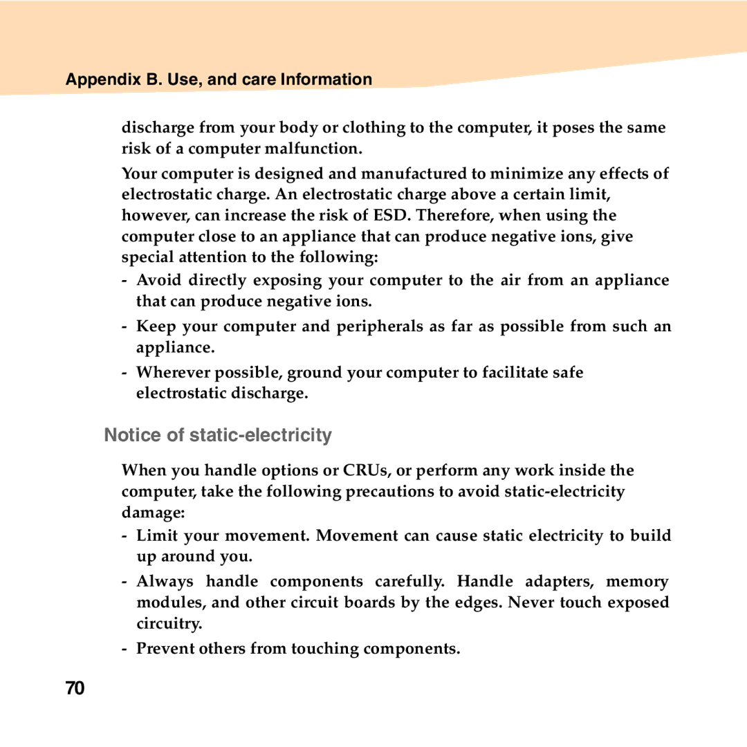 Lenovo S10-2 manual „ Notice of static-electricity, Appendix B. Use, and care Information 