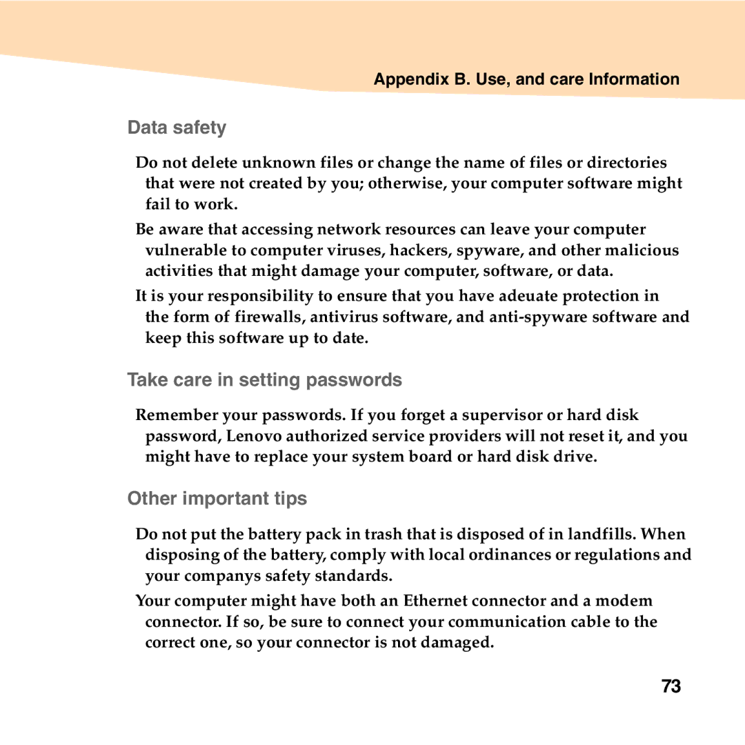 Lenovo S10-2 manual „ Data safety, „ Take care in setting passwords, „ Other important tips 