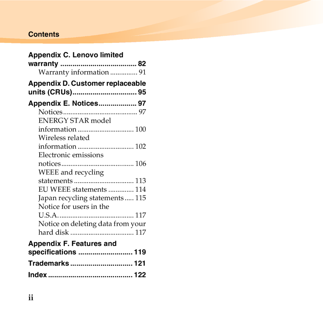 Lenovo S10-2 manual Contents Appendix C. Lenovo limited, Appendix F. Features 