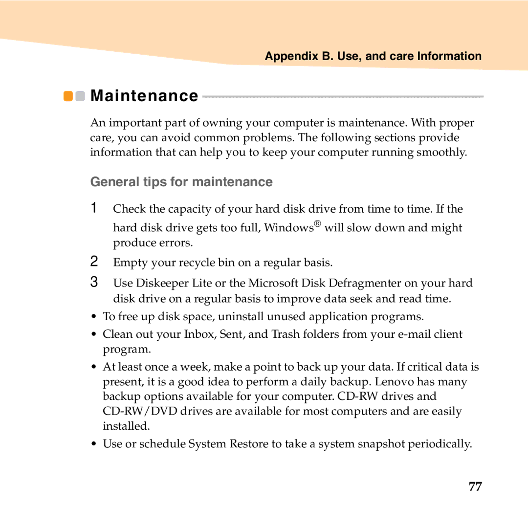 Lenovo S10-2 manual Maintenance, „ General tips for maintenance 