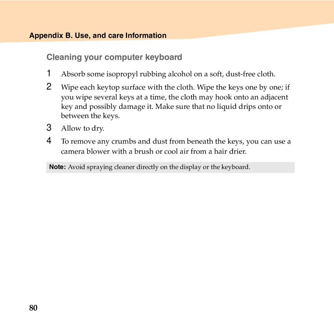 Lenovo S10-2 manual „ Cleaning your computer keyboard 