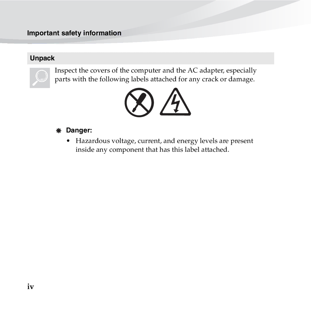 Lenovo S10-3S manual Important safety information Unpack 