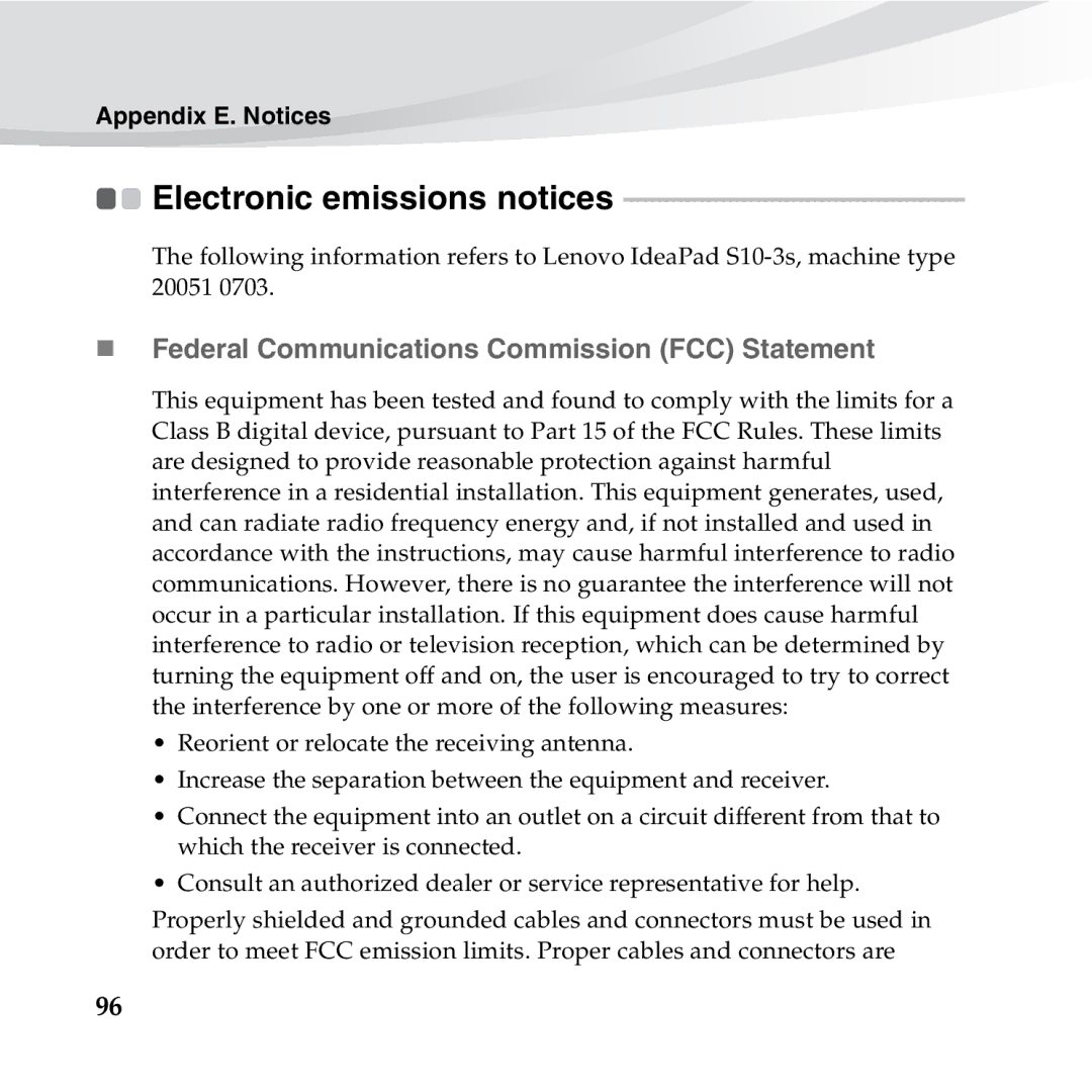 Lenovo S10-3S manual Electronic emissions notices, „ Federal Communications Commission FCC Statement 