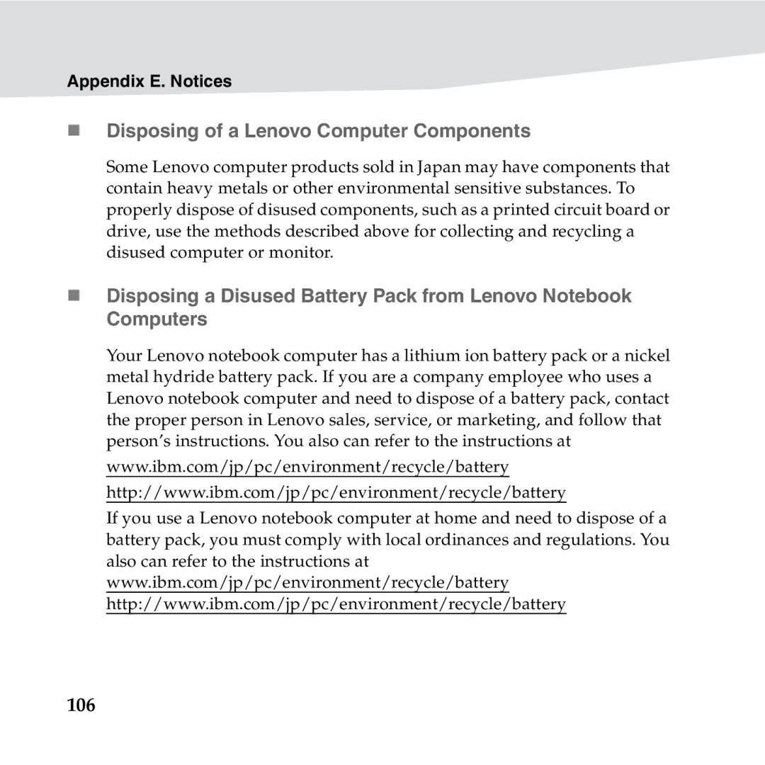 Lenovo S10-3S manual „ Disposing of a Lenovo Computer Components, 106 