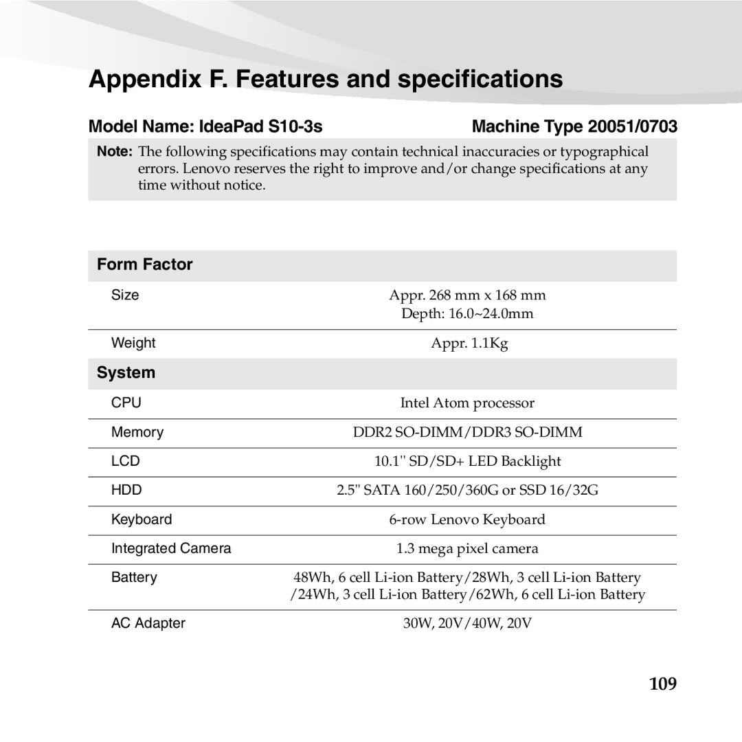 Lenovo S10-3S manual Appendix F. Features and specifications, Model Name IdeaPad S10-3s, Form Factor, System 