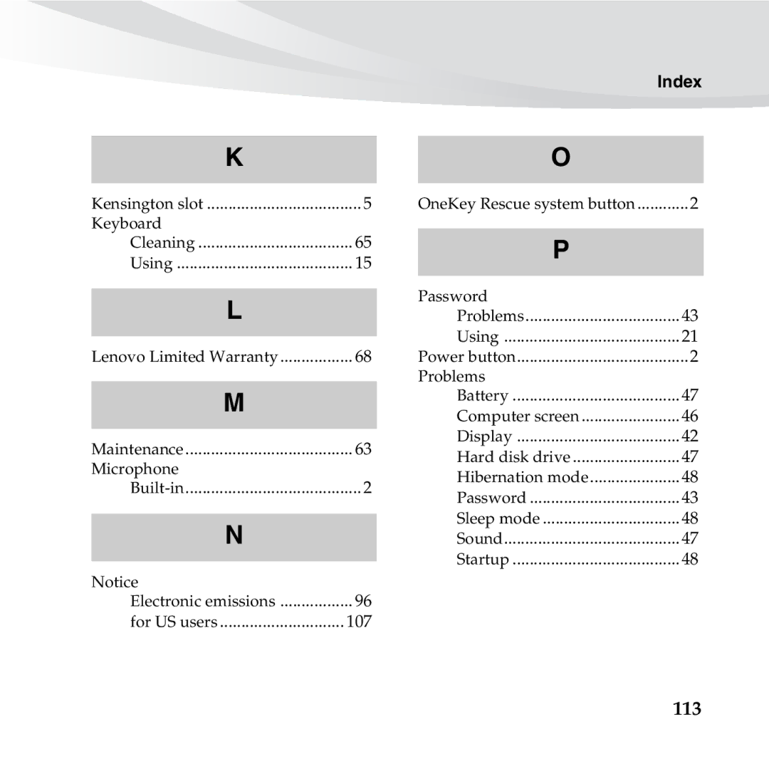 Lenovo S10-3S manual Index, Problems 