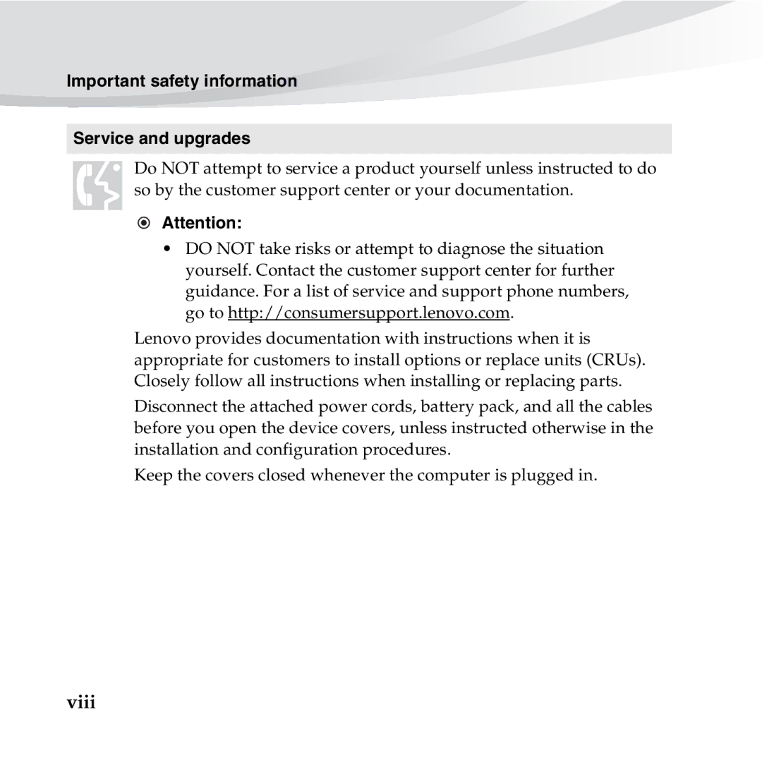 Lenovo S10-3S manual Important safety information Service and upgrades 