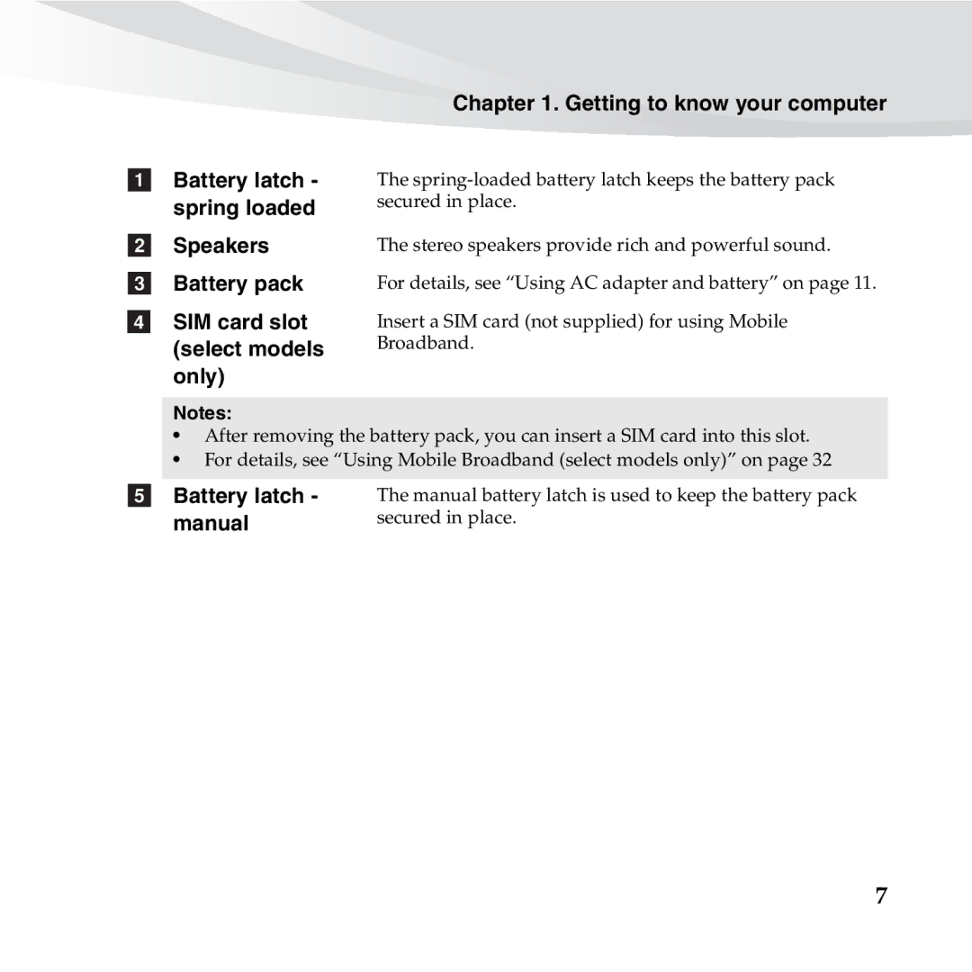 Lenovo S10-3S manual Speakers Battery pack SIM card slot select models only, Manual 