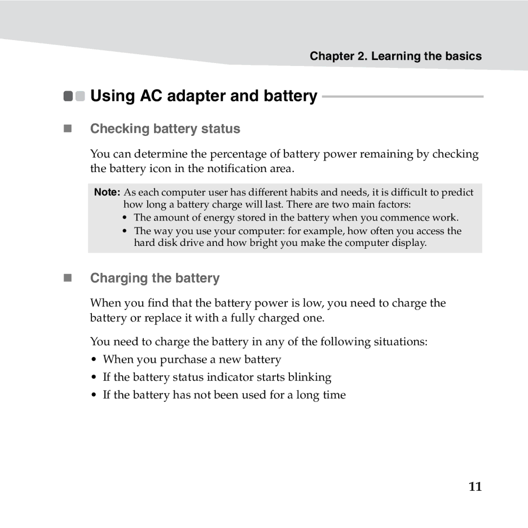 Lenovo S10-3S manual Using AC adapter and battery, „ Checking battery status, „ Charging the battery 