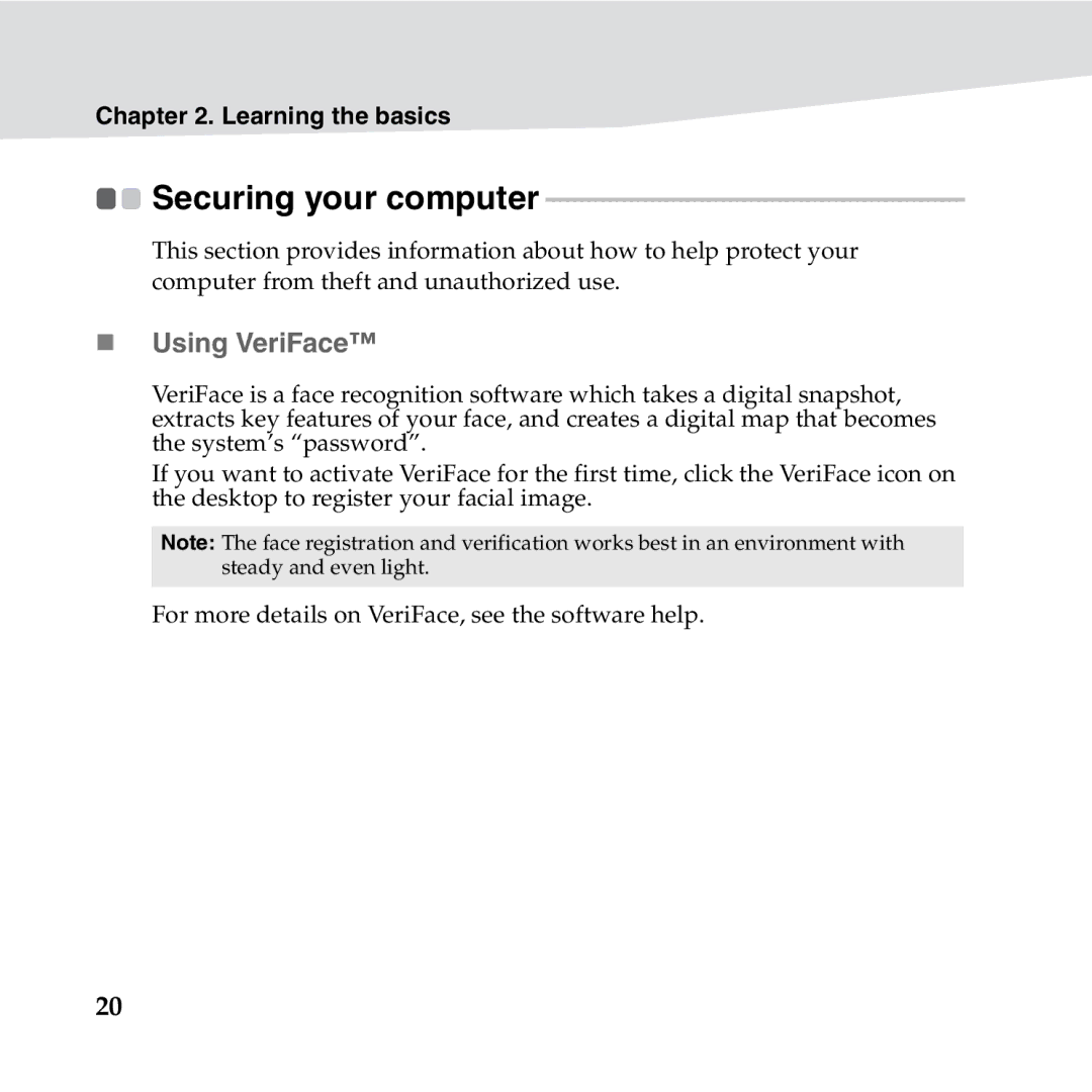 Lenovo S10-3S manual Securing your computer, „ Using VeriFace 