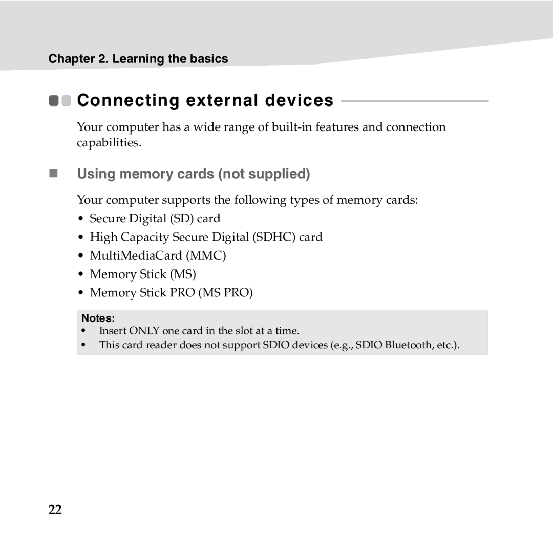 Lenovo S10-3S manual Connecting external devices, „ Using memory cards not supplied 