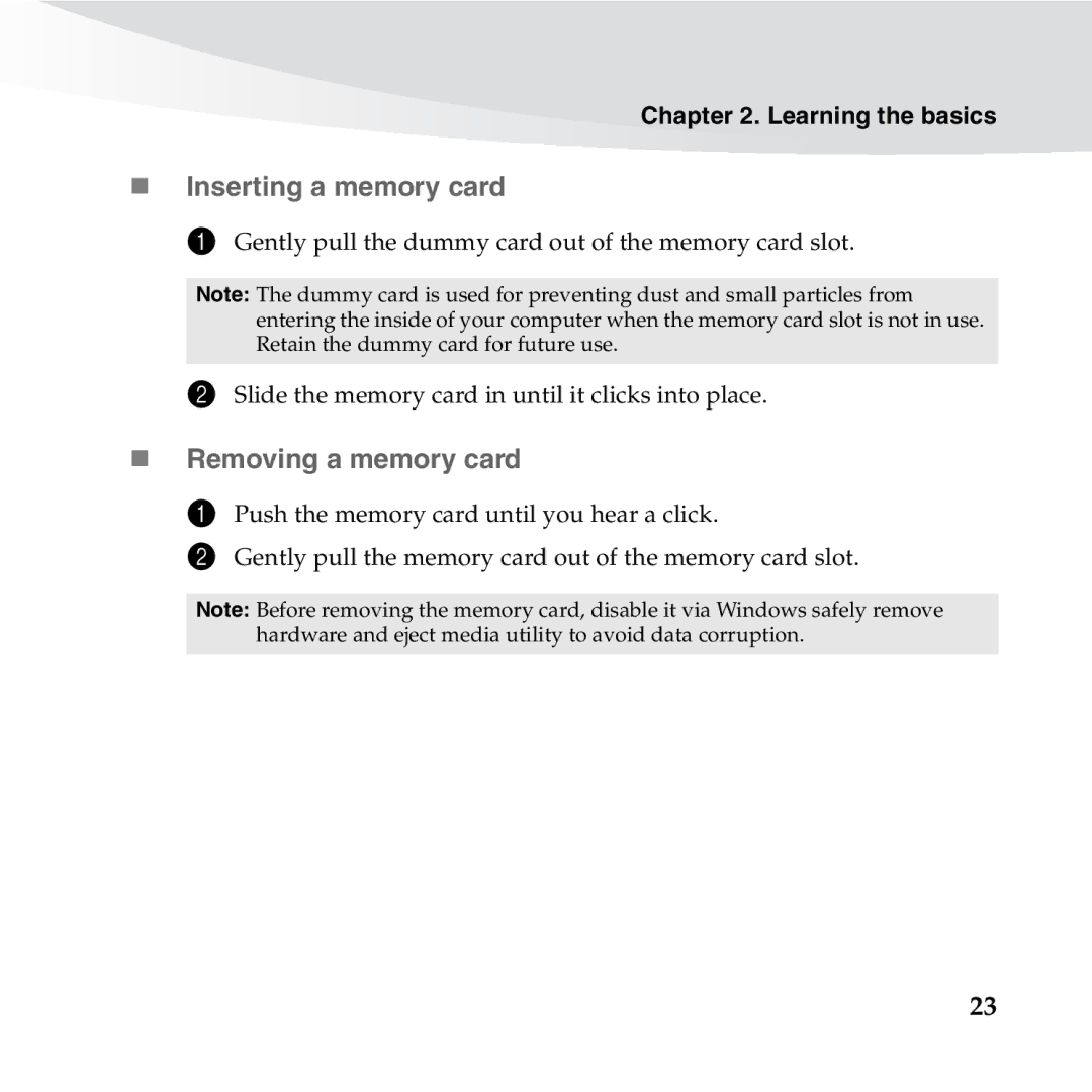 Lenovo S10-3S manual „ Inserting a memory card, „ Removing a memory card 