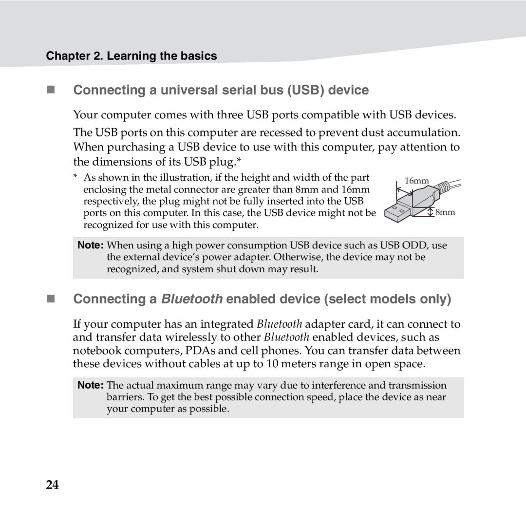 Lenovo S10-3S „ Connecting a universal serial bus USB device, „ Connecting a Bluetooth enabled device select models only 