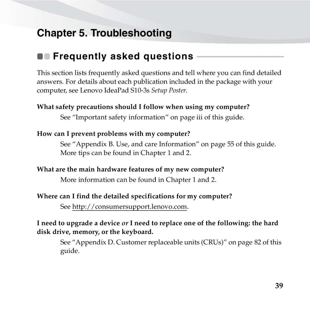 Lenovo S10-3S manual Troubleshooting, Frequently asked questions 