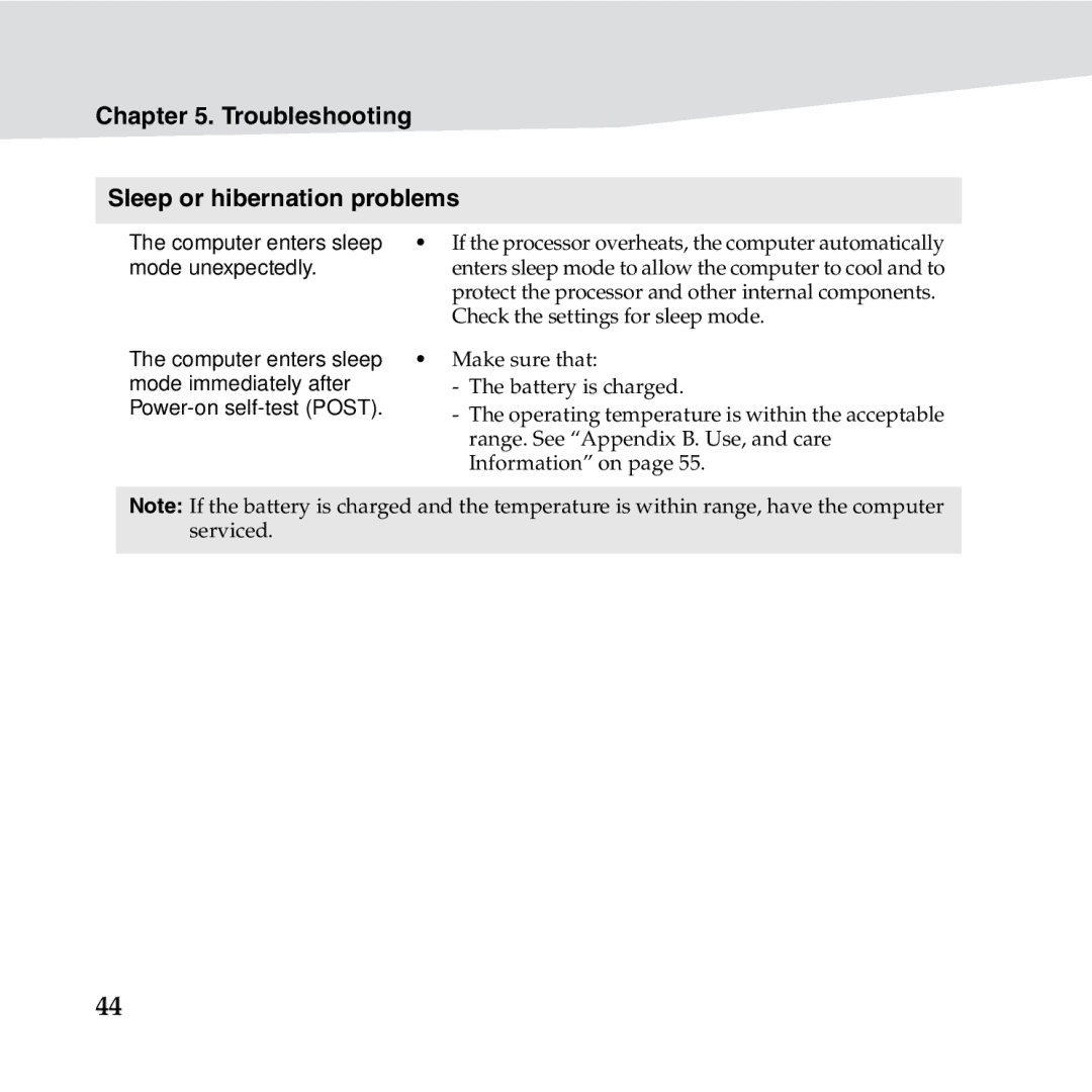 Lenovo S10-3S manual Troubleshooting Sleep or hibernation problems, Mode unexpectedly 