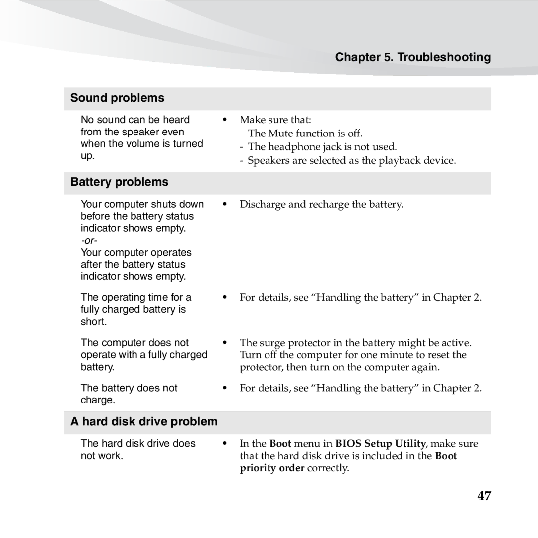 Lenovo S10-3S manual Troubleshooting Sound problems, Battery problems, Hard disk drive problem 