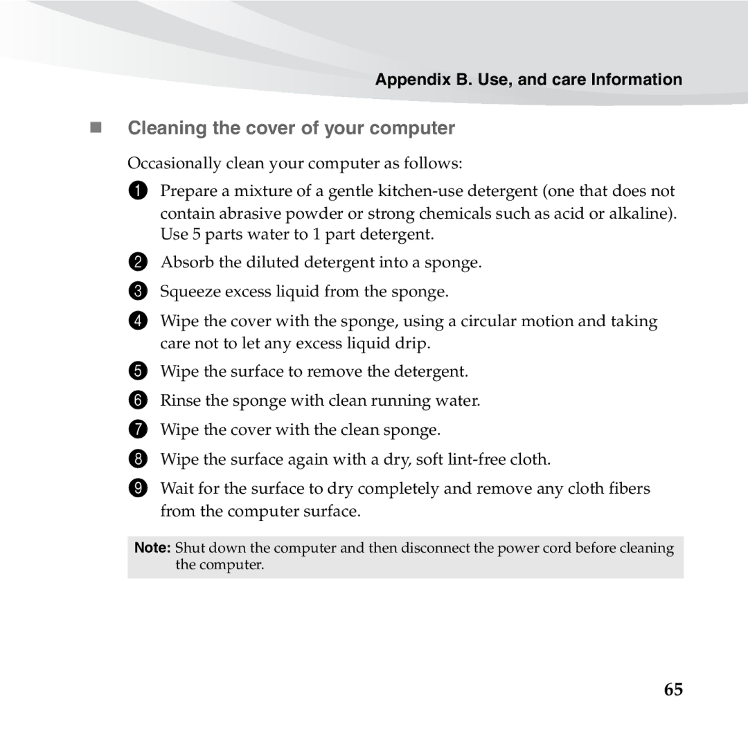 Lenovo S10-3S manual „ Cleaning the cover of your computer 