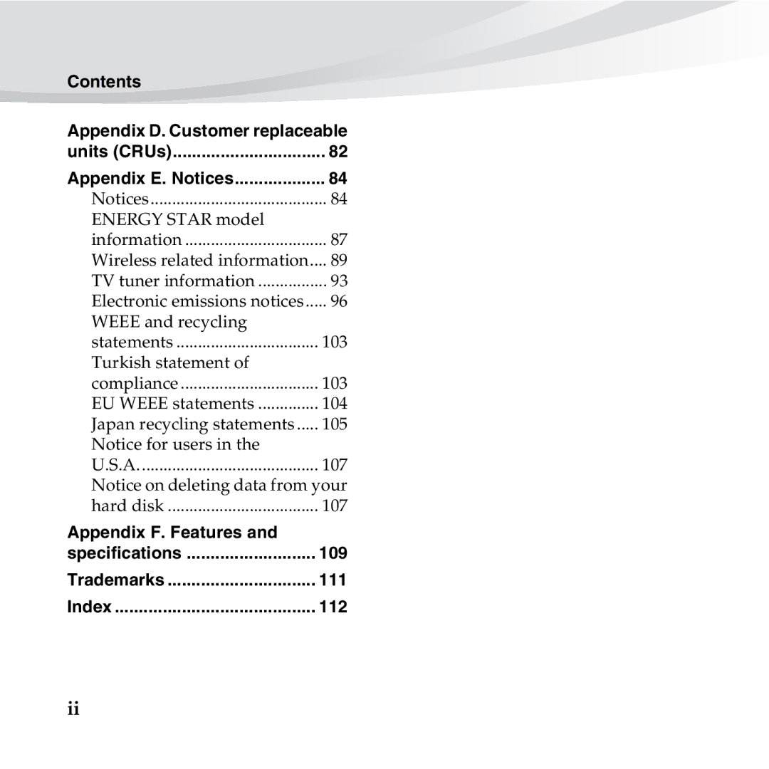 Lenovo S10-3S manual Contents, Appendix F. Features 