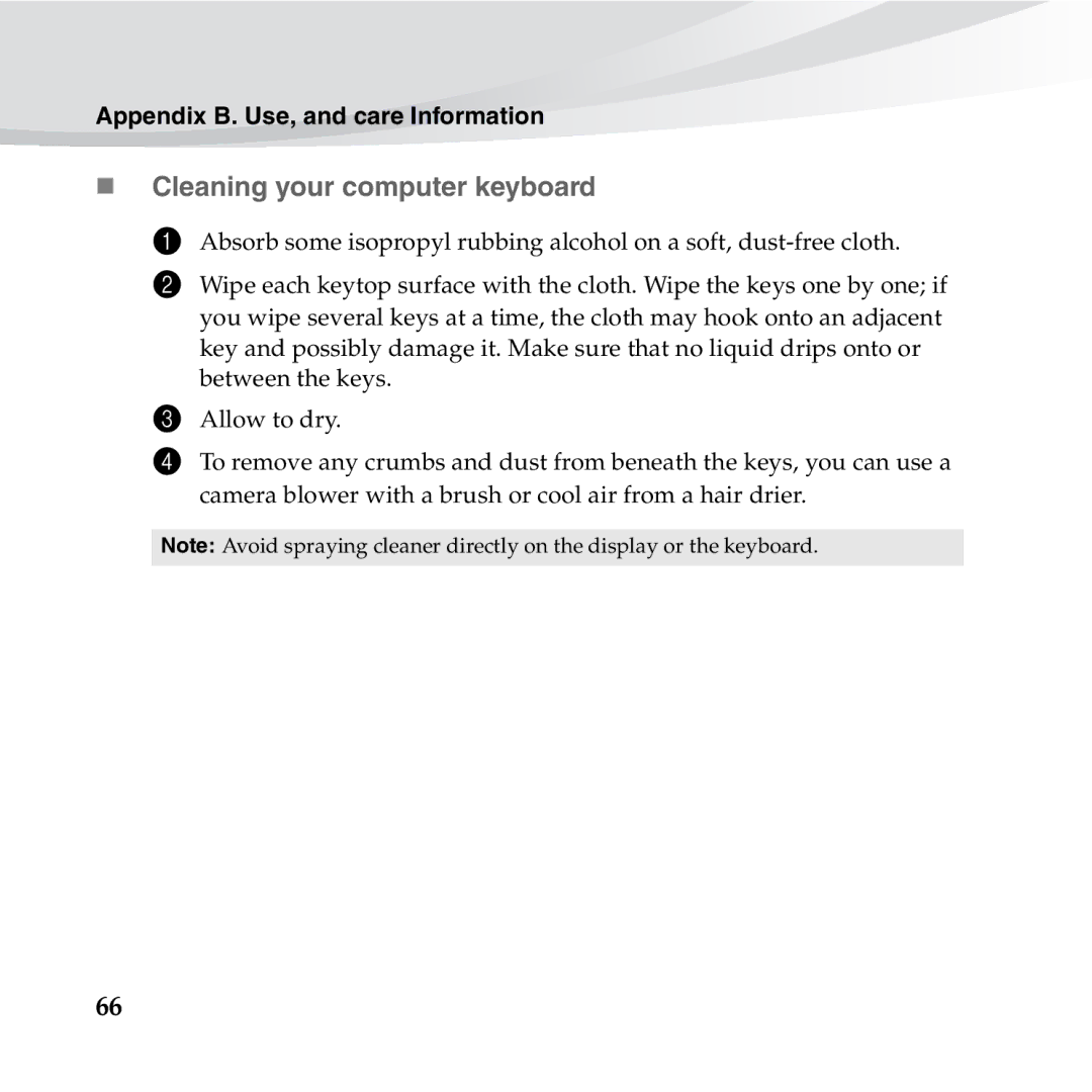 Lenovo S10-3S manual „ Cleaning your computer keyboard 