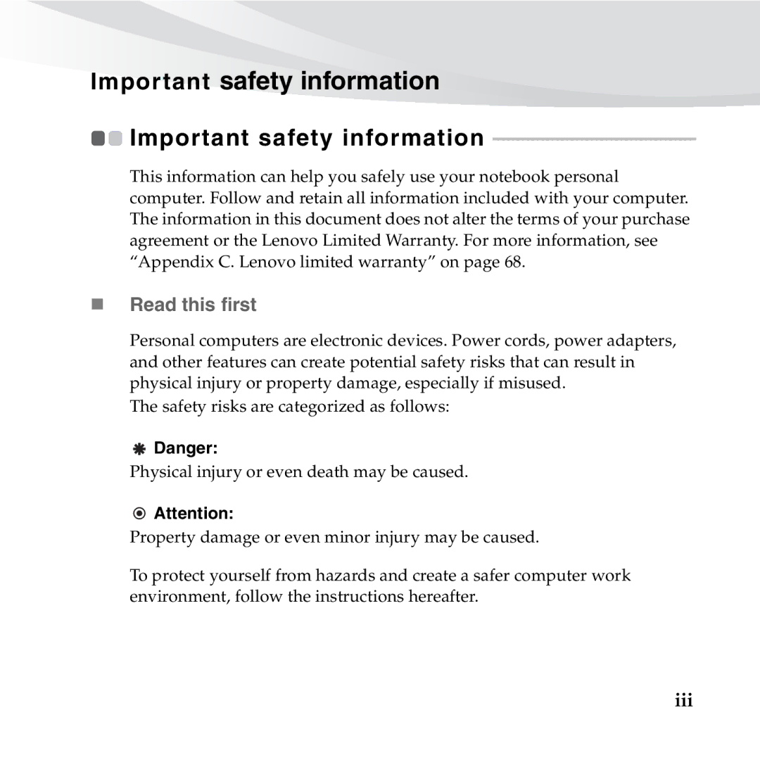 Lenovo S10-3S manual Important safety information, „ Read this first 