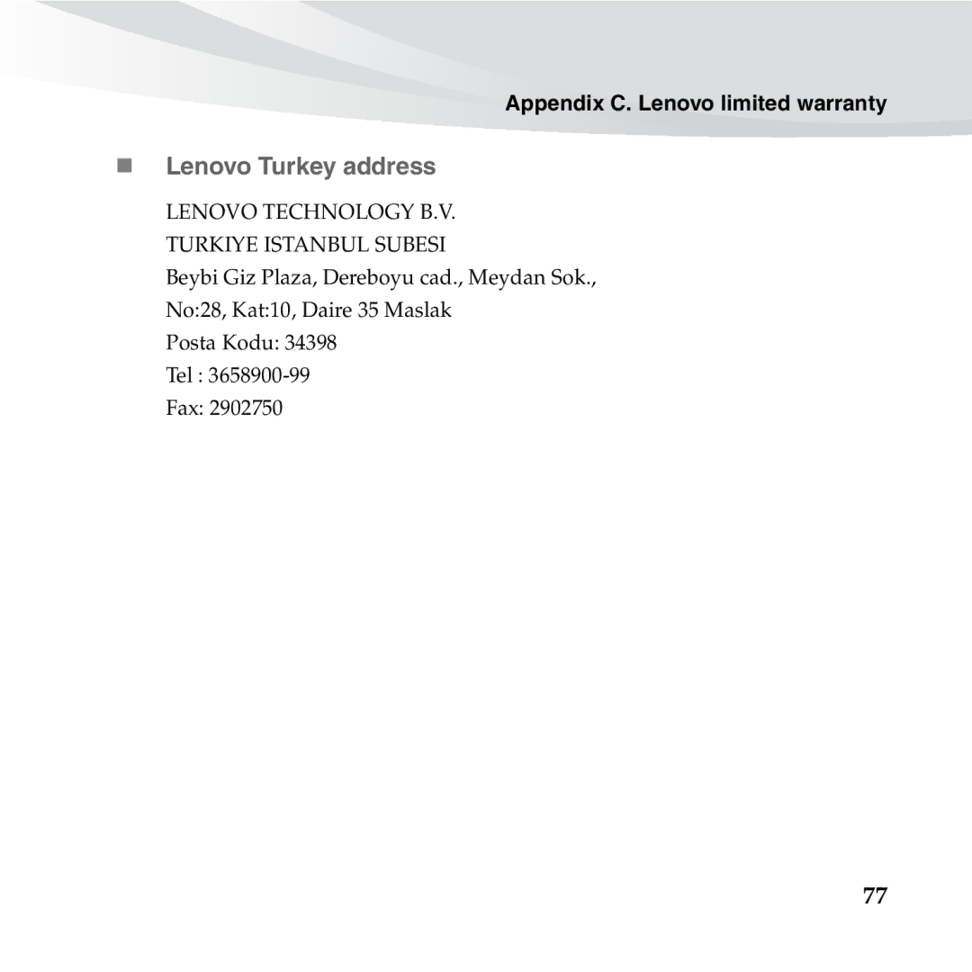 Lenovo S10-3S manual „ Lenovo Turkey address, Lenovo Technology B.V. Turkiye Istanbul Subesi 