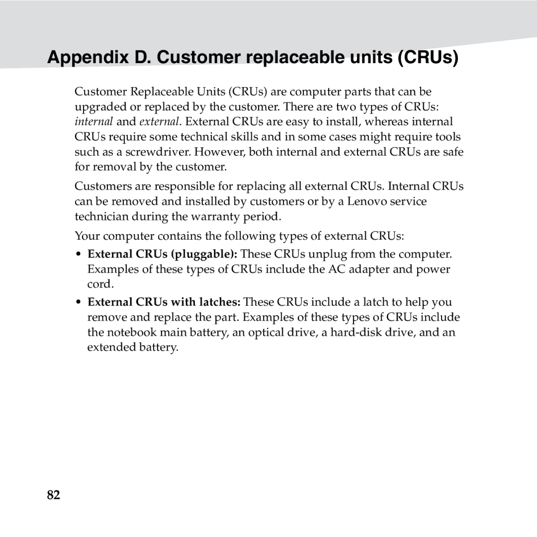 Lenovo S10-3S manual Appendix D. Customer replaceable units CRUs 