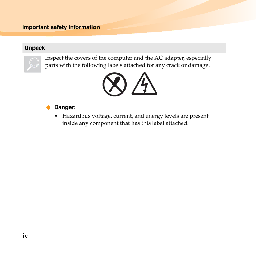 Lenovo S10-3T manual Important safety information Unpack 