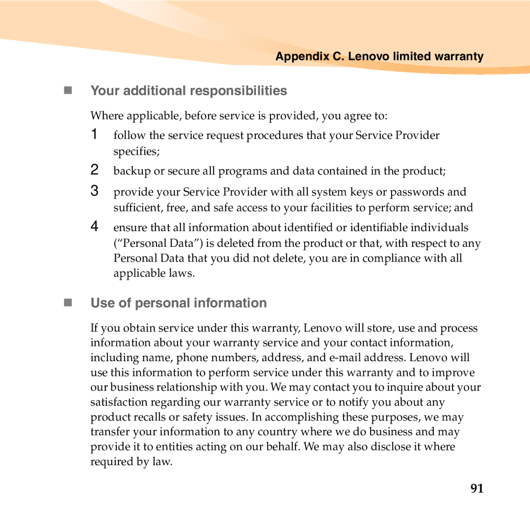 Lenovo S10-3T manual „ Your additional responsibilities, „ Use of personal information 