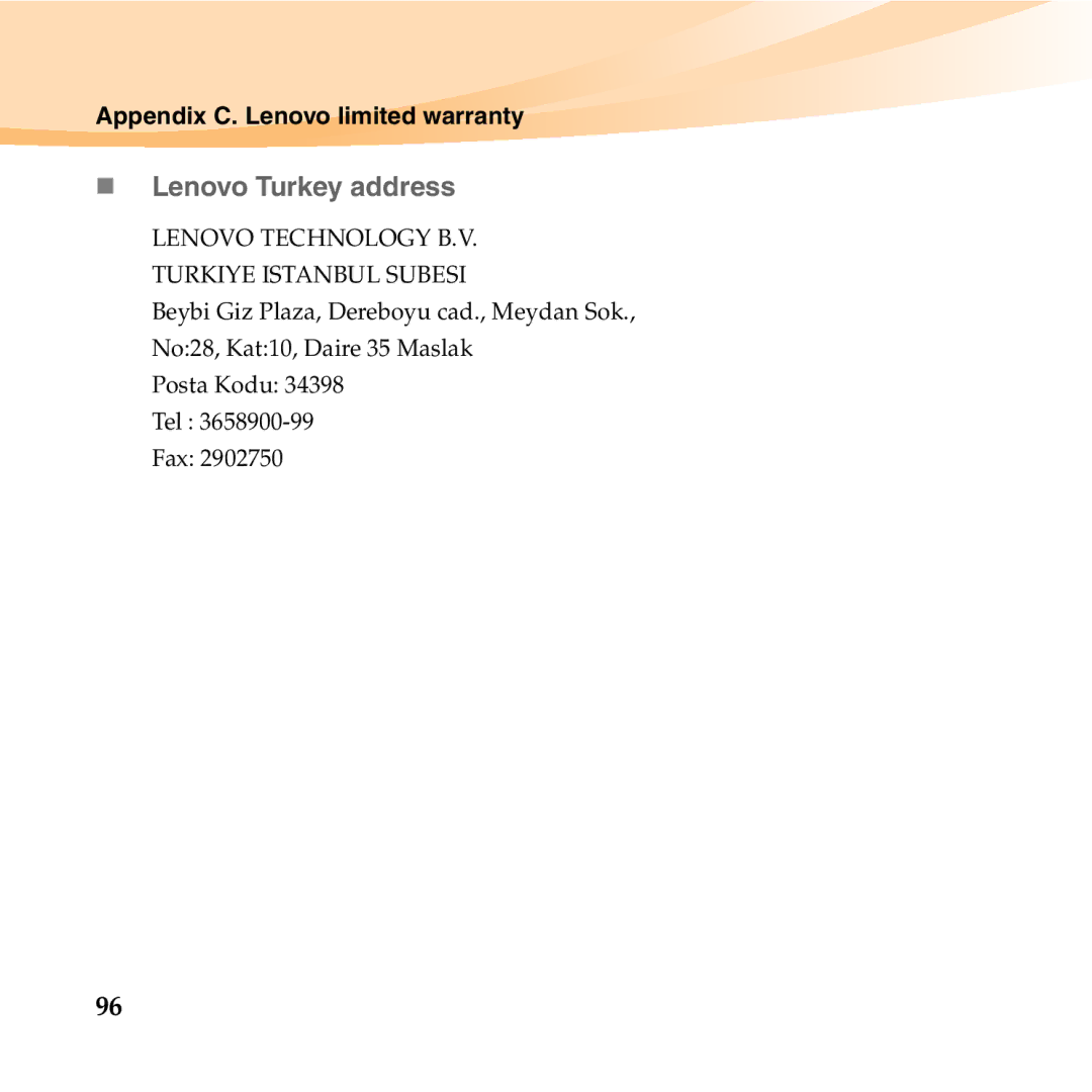 Lenovo S10-3T manual „ Lenovo Turkey address, Lenovo Technology B.V. Turkiye Istanbul Subesi 