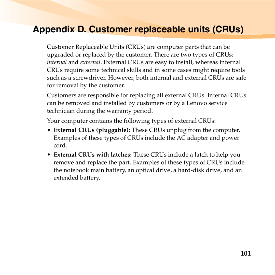 Lenovo S10-3T manual Appendix D. Customer replaceable units CRUs, 101 