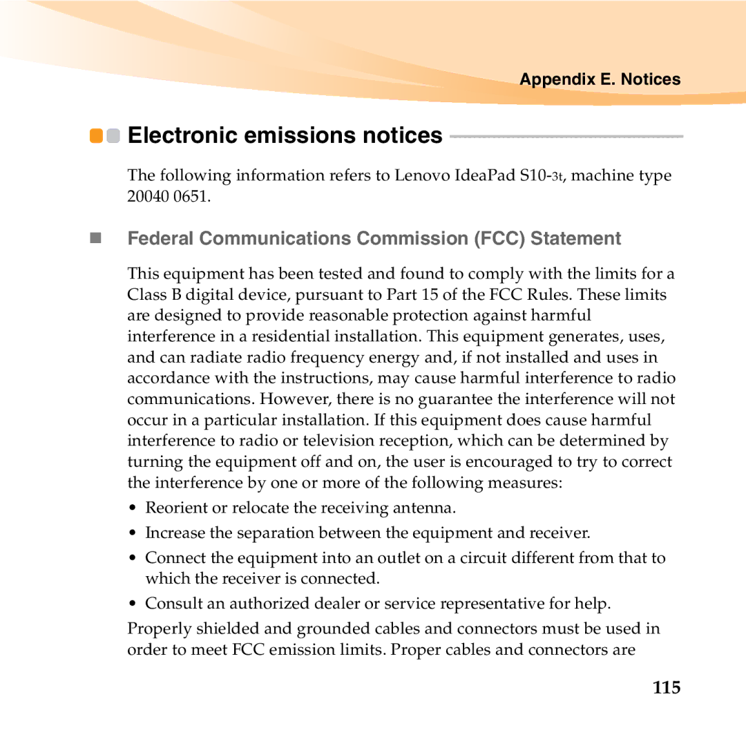 Lenovo S10-3T manual Electronic emissions notices, „ Federal Communications Commission FCC Statement, 115 