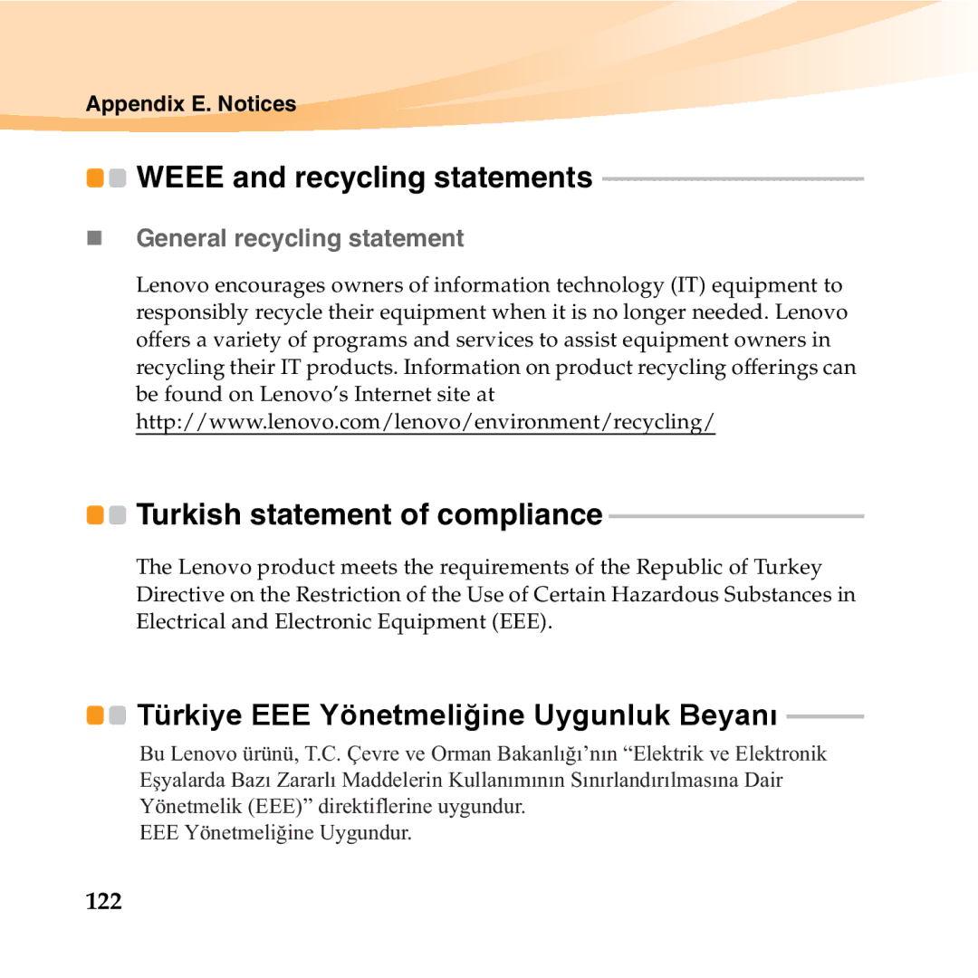 Lenovo S10-3T manual Weee and recycling statements, Turkish statement of compliance, „ General recycling statement, 122 