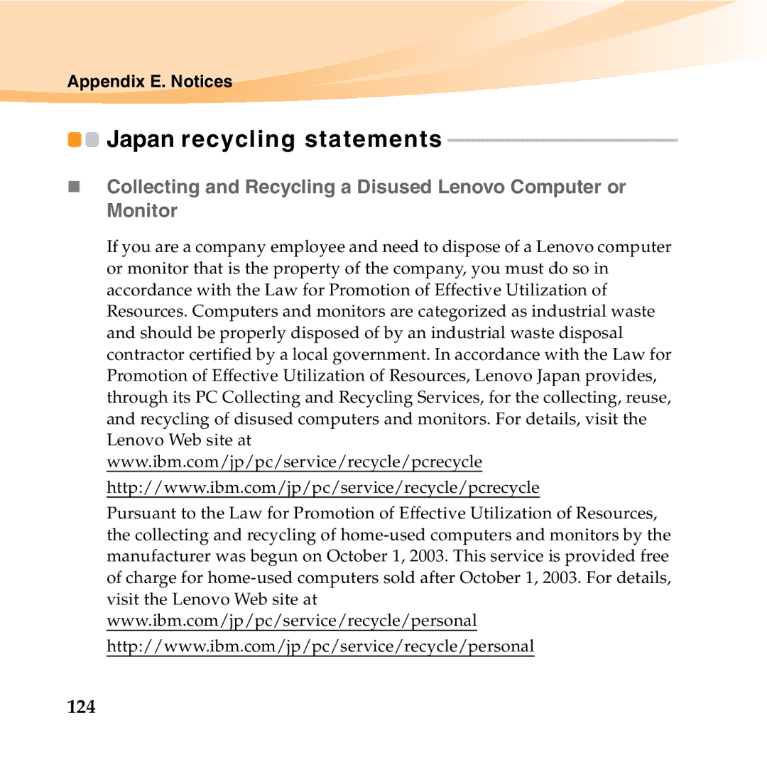 Lenovo S10-3T manual Japan recycling statements, 124 