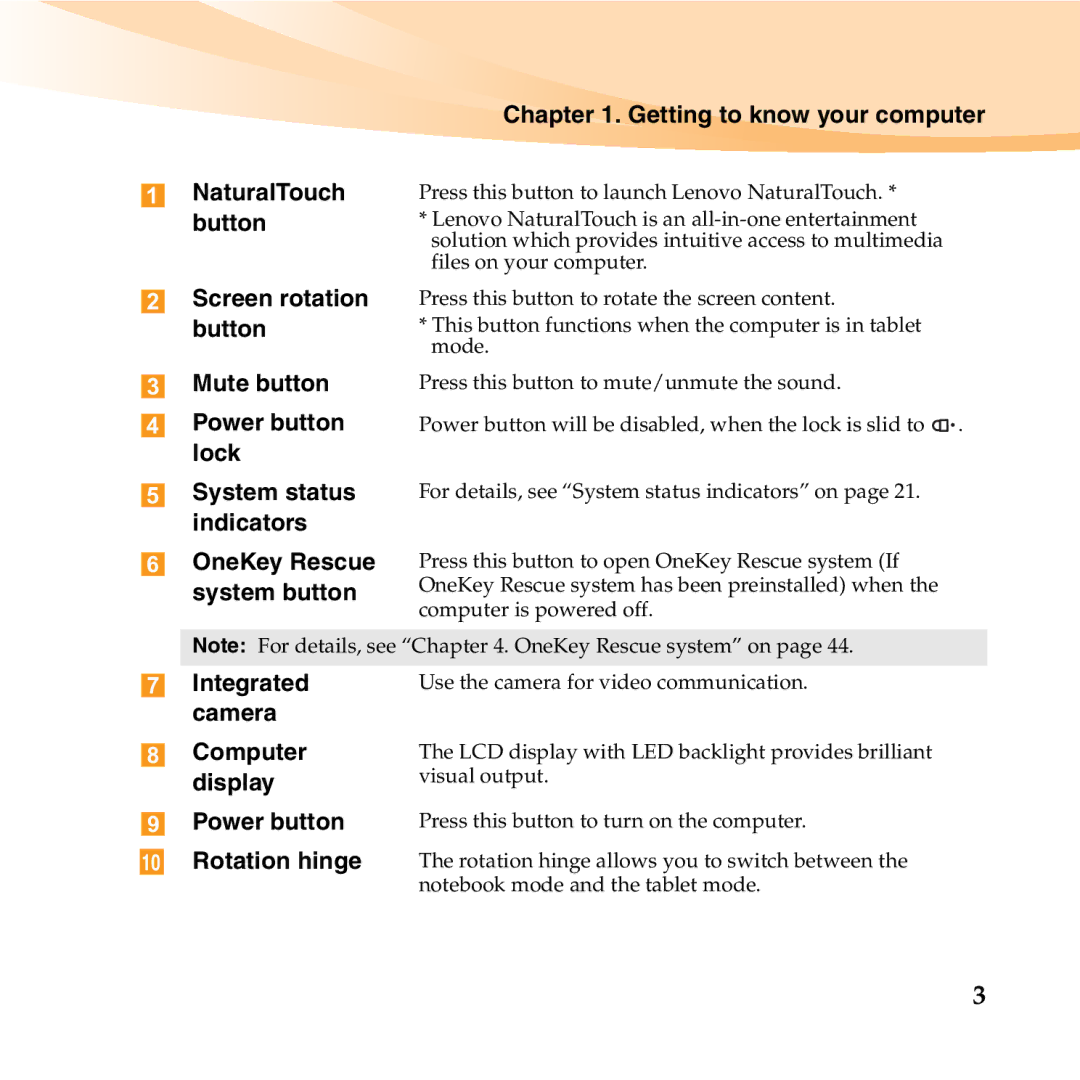 Lenovo S10-3T manual Mute button Power button lock, Integrated, Camera, Power button Rotation hinge 