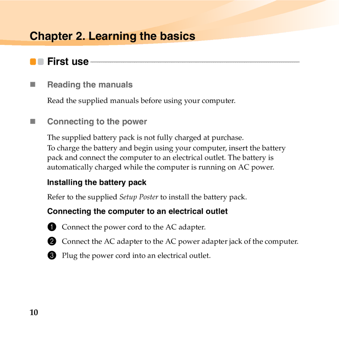 Lenovo S10-3T Learning the basics, „ Reading the manuals, „ Connecting to the power, Installing the battery pack 