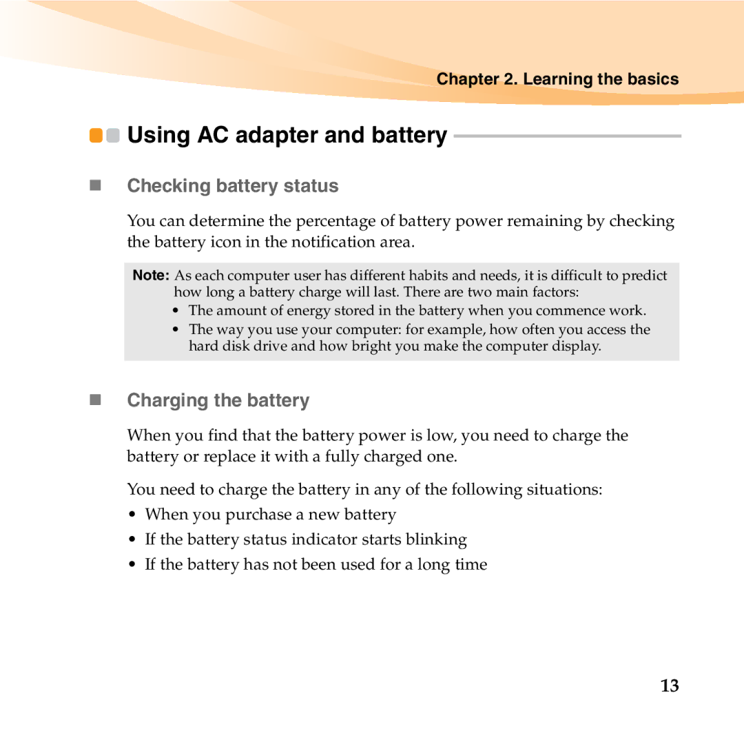 Lenovo S10-3T manual Using AC adapter and battery, „ Checking battery status, „ Charging the battery 
