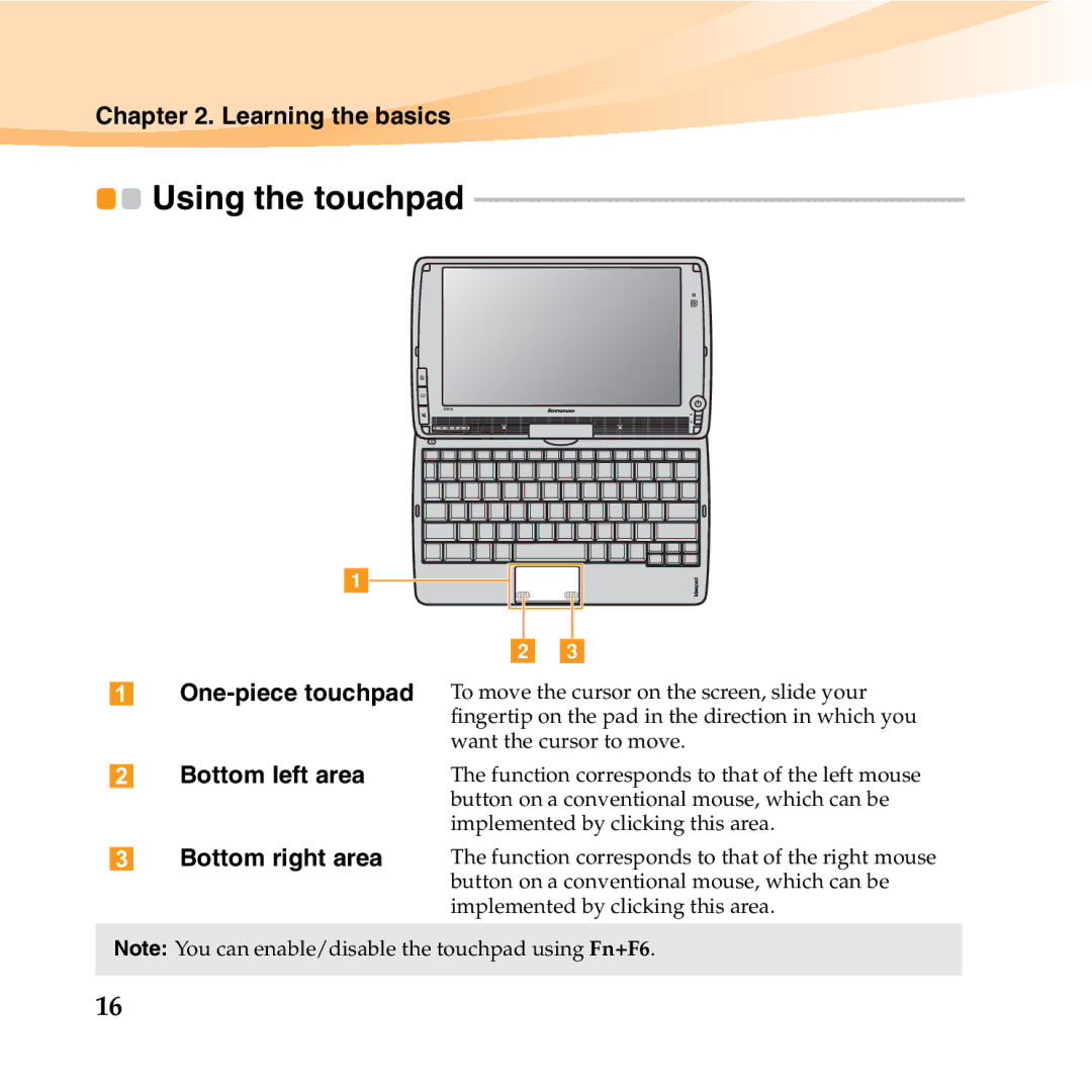 Lenovo S10-3T manual Using the touchpad, One-piece touchpad, Bottom left area, Bottom right area 