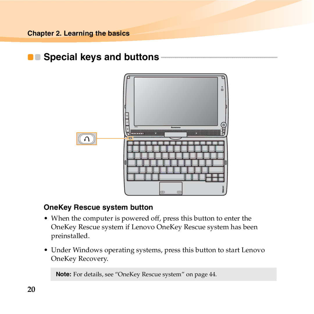 Lenovo S10-3T manual Special keys and buttons, OneKey Rescue system button 