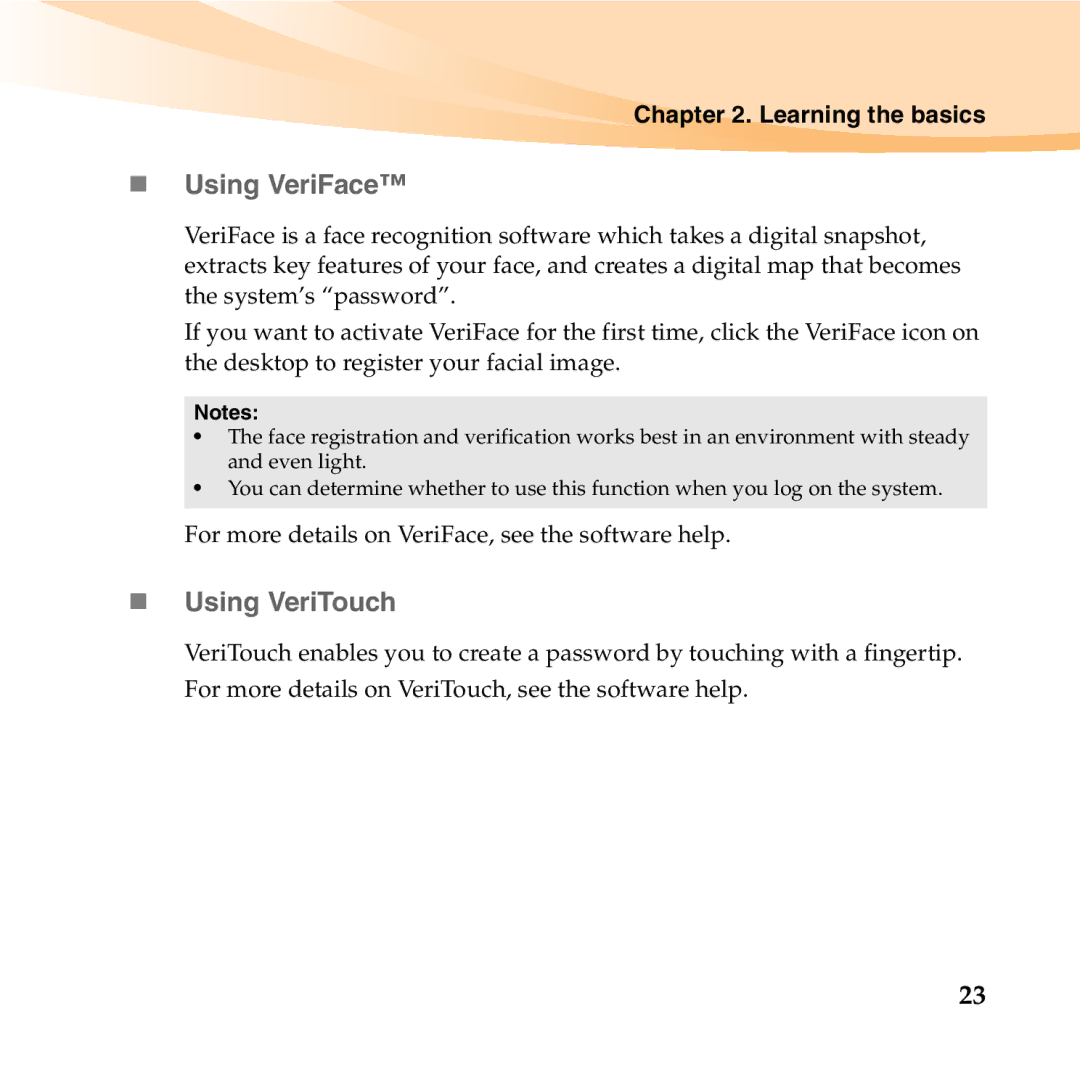 Lenovo S10-3T manual „ Using VeriFace, „ Using VeriTouch 