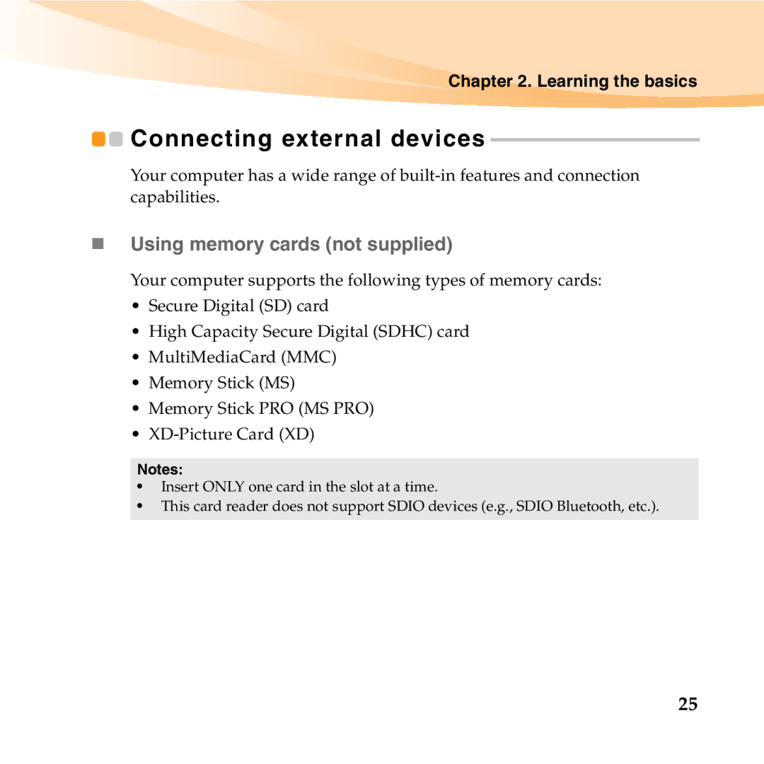 Lenovo S10-3T manual Connecting external devices, „ Using memory cards not supplied 