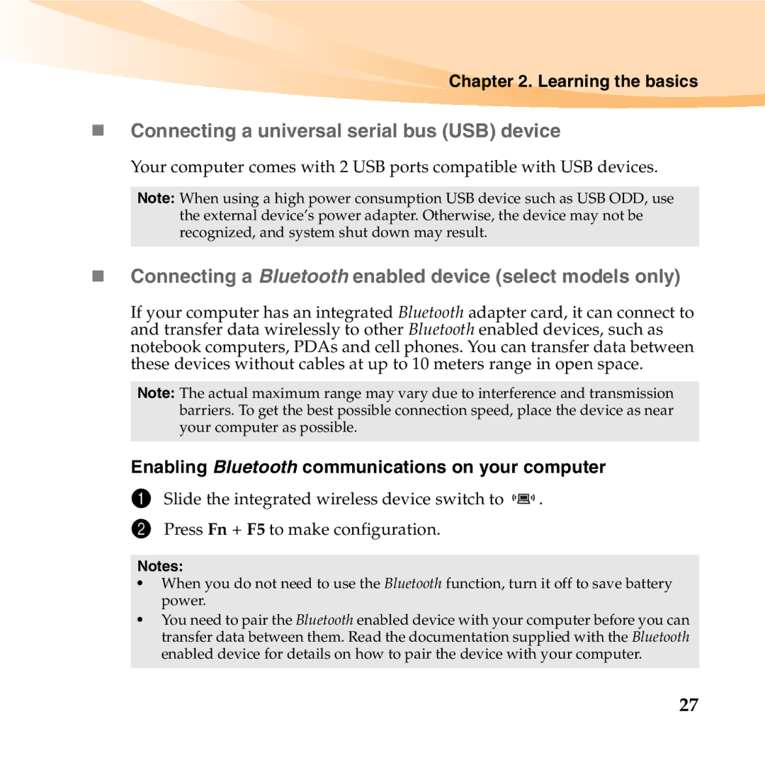 Lenovo S10-3T „ Connecting a universal serial bus USB device, „ Connecting a Bluetooth enabled device select models only 