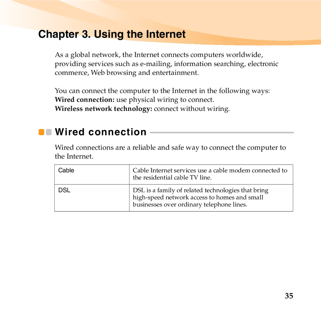 Lenovo S10-3T manual Using the Internet, Wired connection 