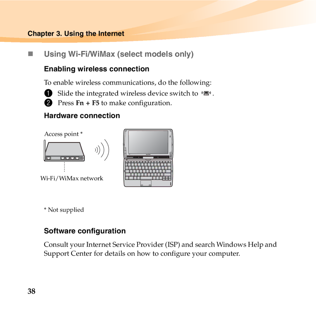 Lenovo S10-3T manual „ Using Wi-Fi/WiMax select models only, Enabling wireless connection, Hardware connection 