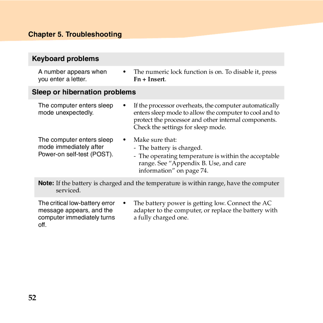 Lenovo S10-3T manual Troubleshooting Keyboard problems, Sleep or hibernation problems 