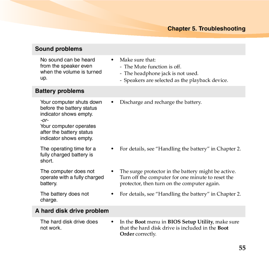 Lenovo S10-3T manual Troubleshooting Sound problems, Battery problems, Hard disk drive problem 