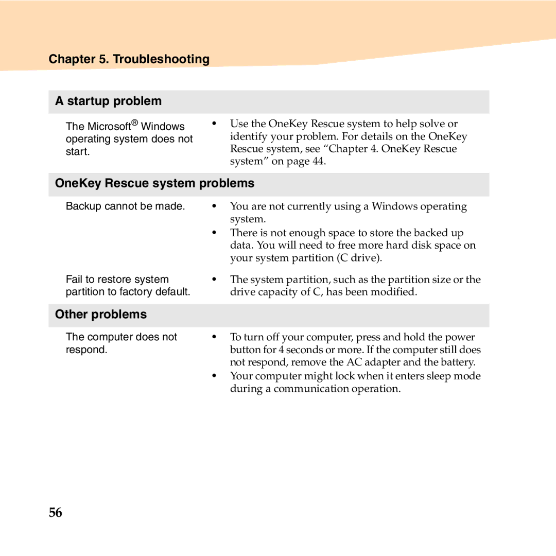 Lenovo S10-3T manual Troubleshooting Startup problem, OneKey Rescue system problems, Other problems 