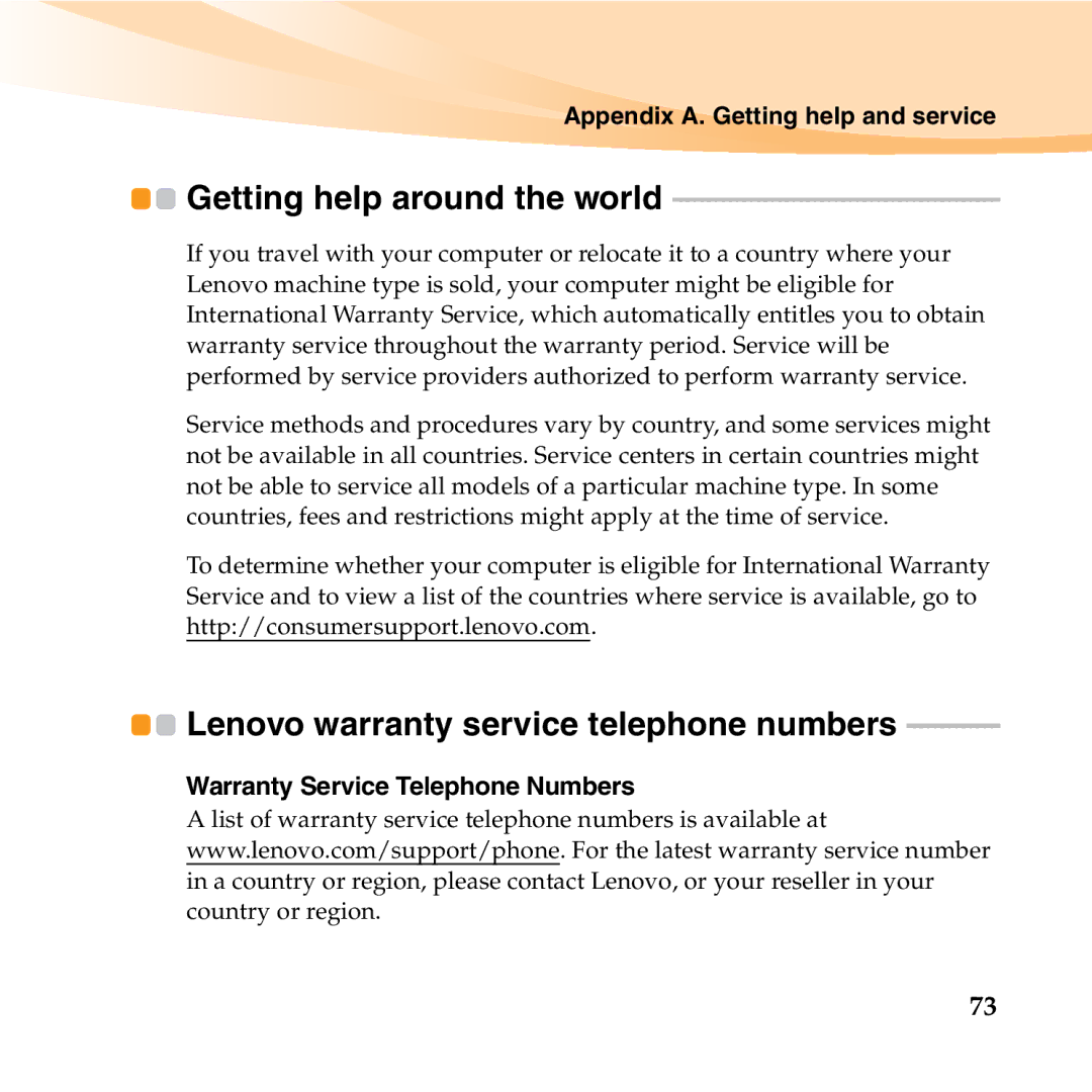 Lenovo S10-3T manual Getting help around the world, Warranty Service Telephone Numbers 