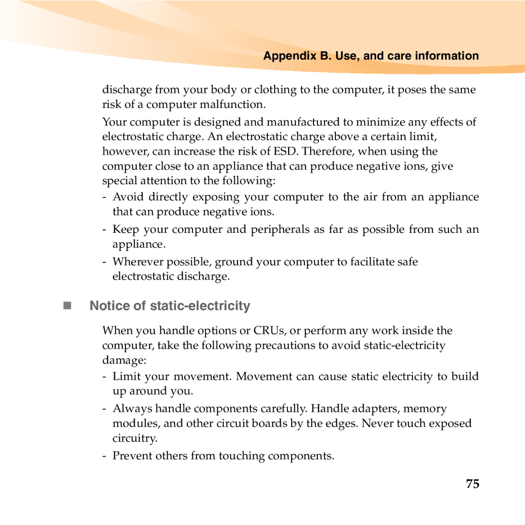 Lenovo S10-3T manual „ Notice of static-electricity, Appendix B. Use, and care information 